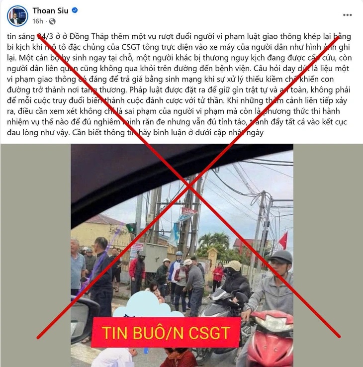 Thông tin CSGT Đồng Tháp hy sinh khi truy đuổi xe vi phạm là sai sự thật 